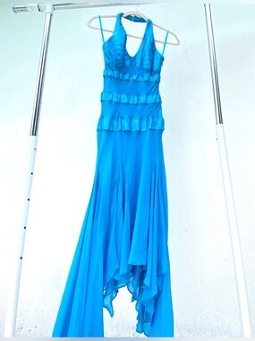 Y2K Nina Austin 100% Silk Blue Beaded Asymetric Fairy Midi Dress Size XS
